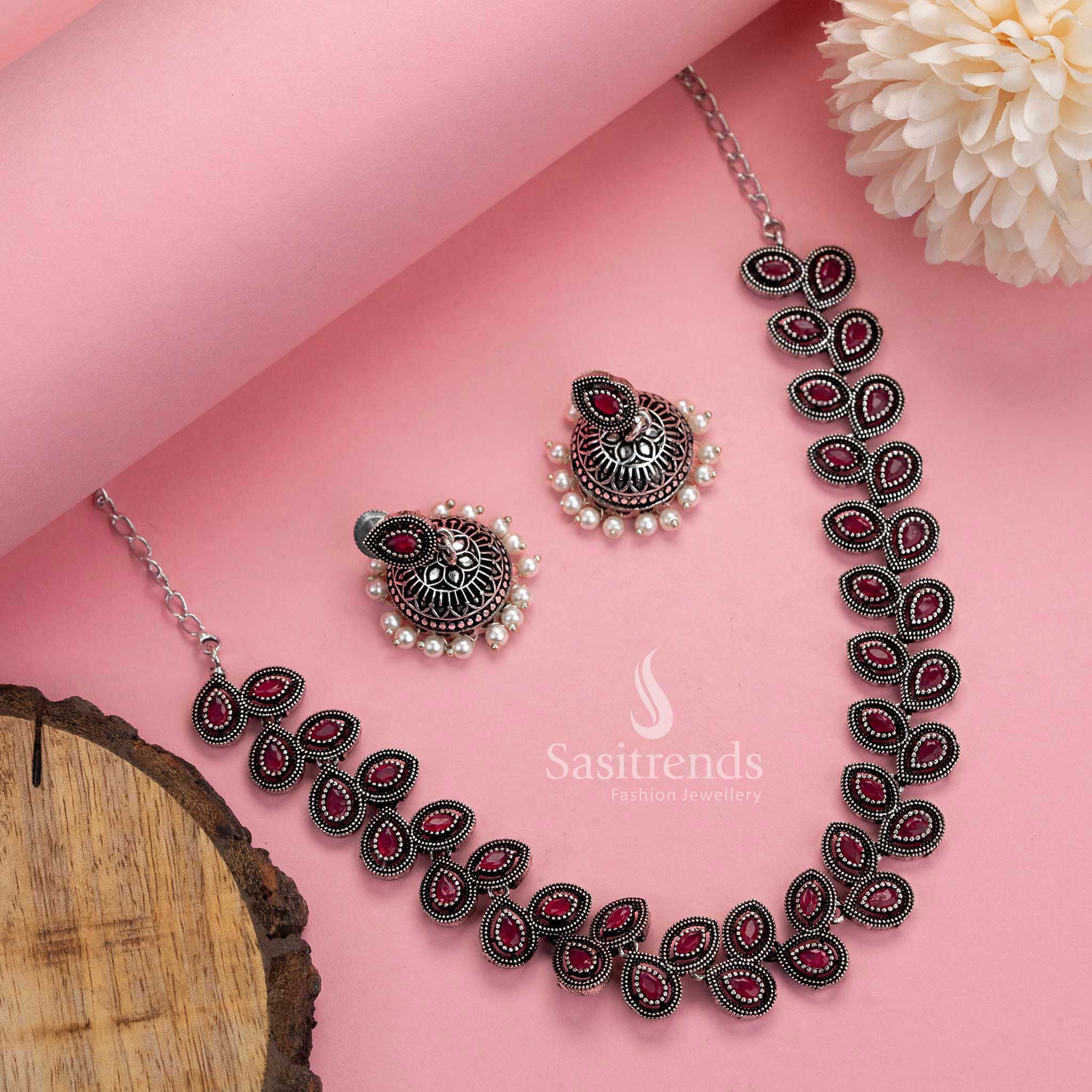 Radiant ruby oxidised stone necklace and matching pearl jhumkas, a designer jewellery set curated for celebrations – Sasitrends