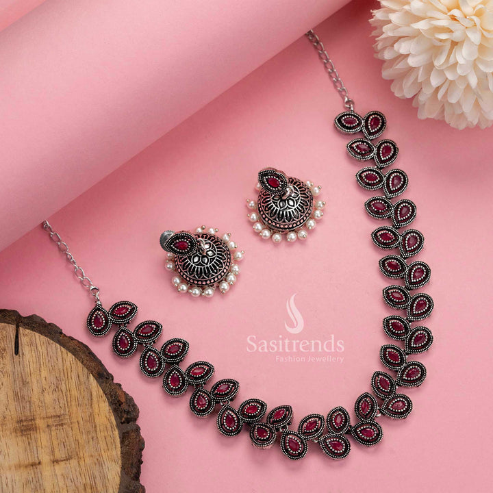 Radiant ruby oxidised stone necklace and matching pearl jhumkas, a designer jewellery set curated for celebrations – Sasitrends