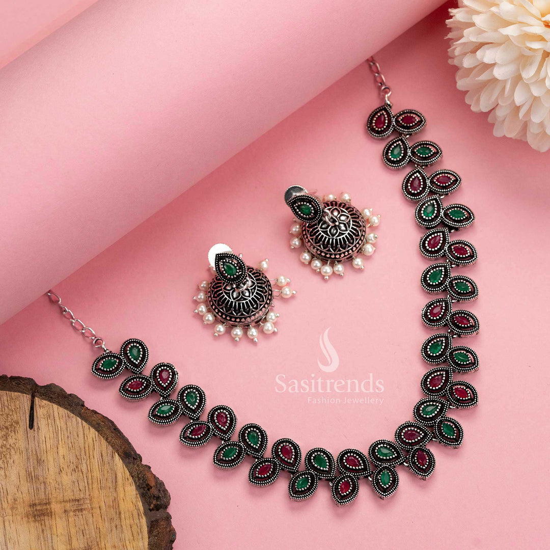 Dual-tone ruby-green oxidised stone necklace and pearl jhumkas, a beautiful fusion jewellery set for women – Sasitrends