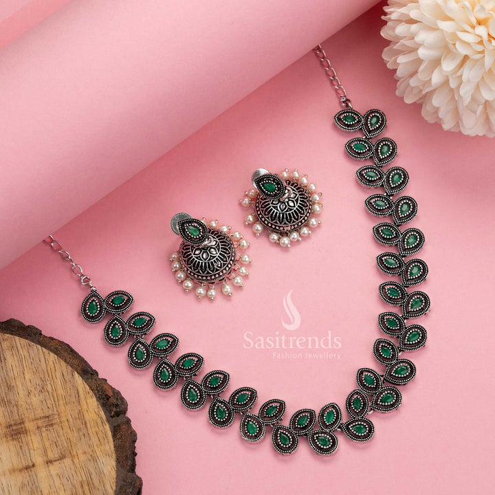 Elegant green oxidised necklace and pearl jhumkas combo, a stunning jewellery set for cultural celebrations and ethnic styling – Sasitrends