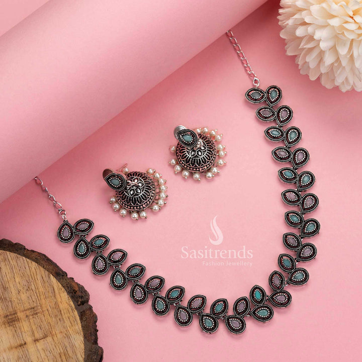 Chic pink-mint oxidised silver necklace and pearl jhumkas stone jewellery set, a trendy choice for ethnic fashion lovers – Sasitrends

