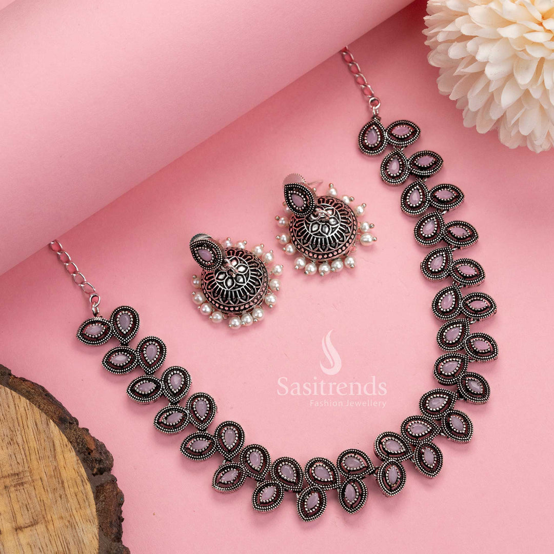 Traditional Beauty: Oxidised Silver Necklace Pearl Jhumkas Stones Stud  Jewellery Set Sasitrends