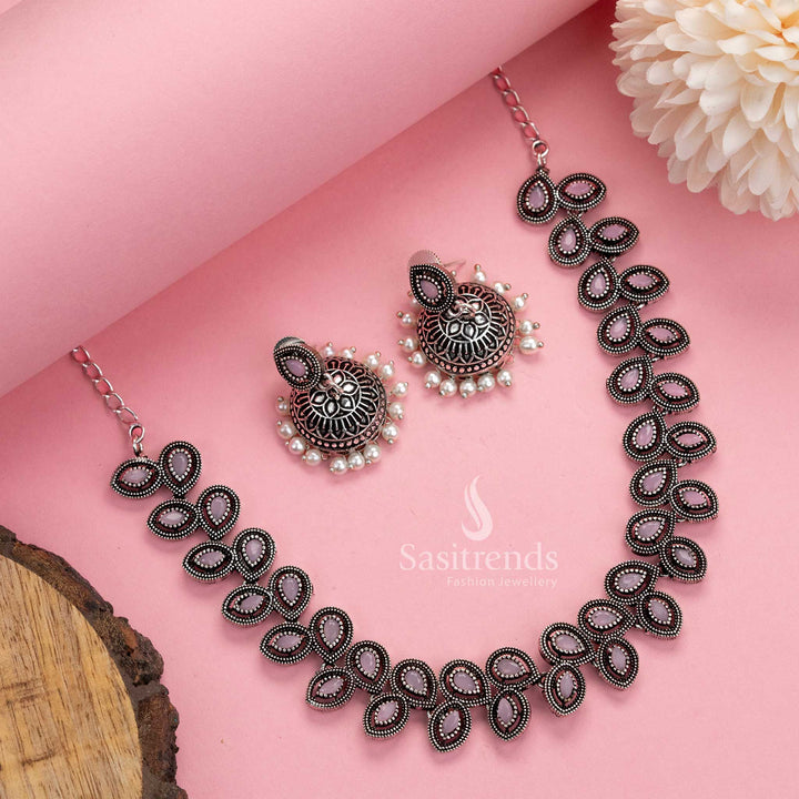 Lovely baby-pink oxidised stone necklace and pearl jhumkas ethnic jewellery set, perfect for young women’s festive looks – Sasitrends
