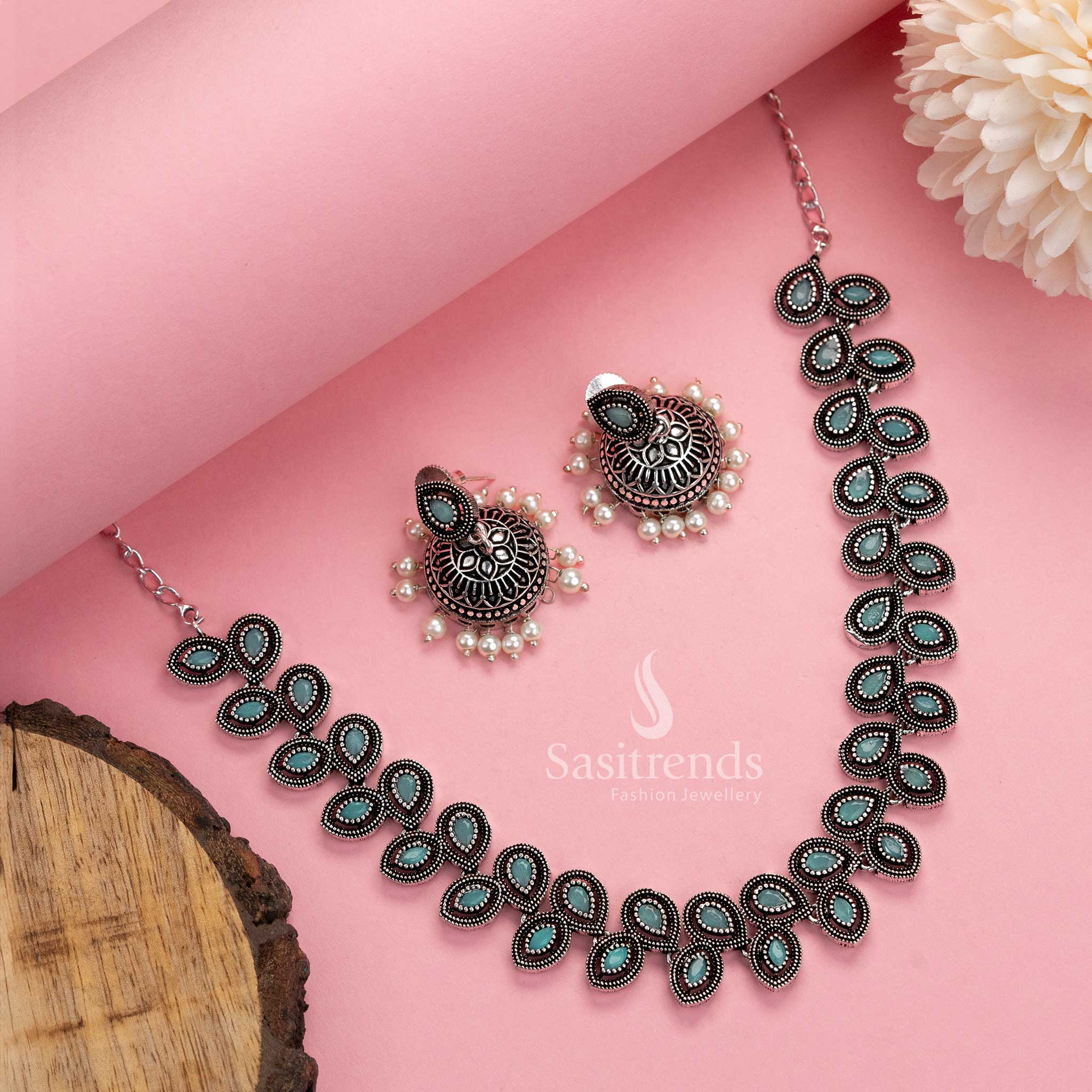 Mint green oxidised silver necklace and pearl jhumkas festive wear jewellery set designed for women with a taste for soft colour elegance – Sasitrends