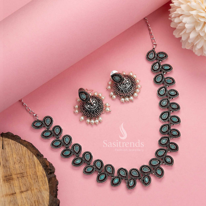 Mint green oxidised silver necklace and pearl jhumkas festive wear jewellery set designed for women with a taste for soft colour elegance – Sasitrends