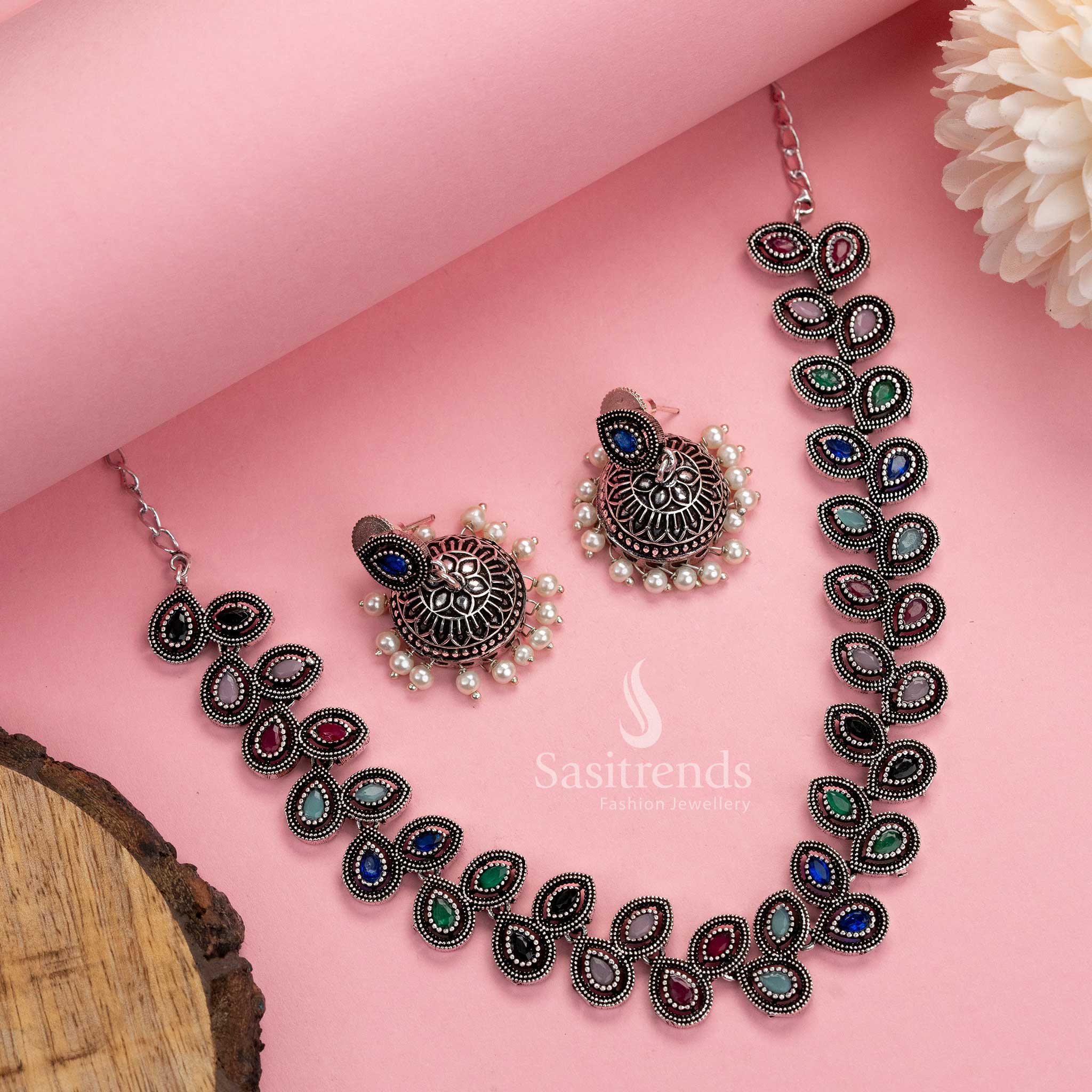Festive multi-tone oxidised silver necklace and pearl jhumkas jewellery set, beautifully designed for colourful celebrations – Sasitrends