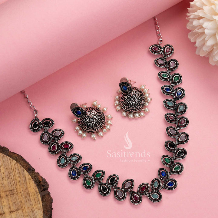 Festive multi-tone oxidised silver necklace and pearl jhumkas jewellery set, beautifully designed for colourful celebrations – Sasitrends