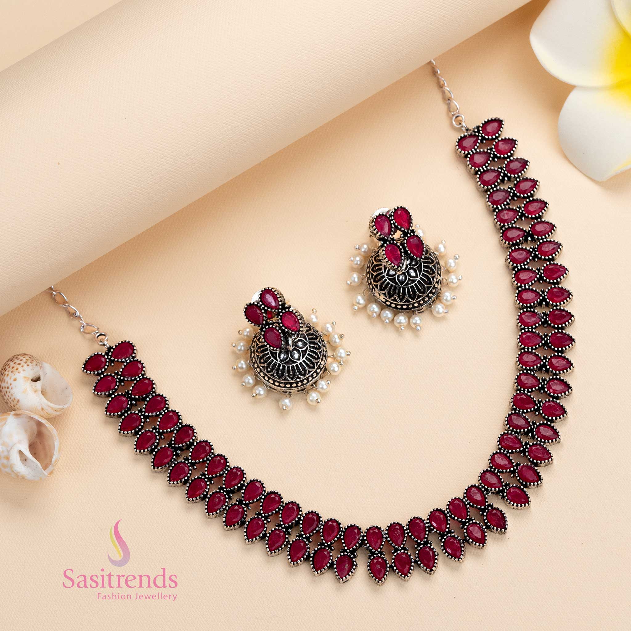 Regal ruby oxidised necklace with dazzling stones and pearl jhumkas, a perfect traditional party wear jewellery set for festivals – Sasitrends