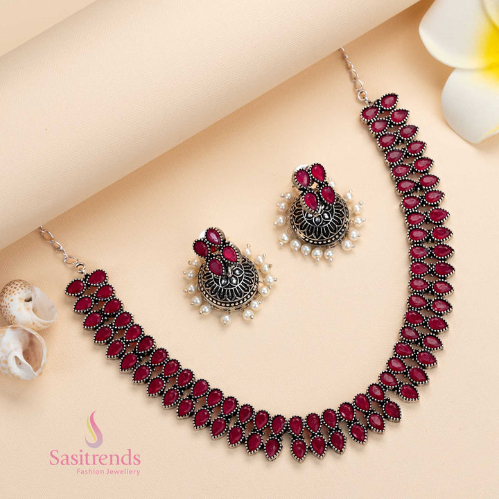 Latest Party Wear Oxidised Necklace with Pearl Jhumkas Stones Jewellery Set | Sasitrends