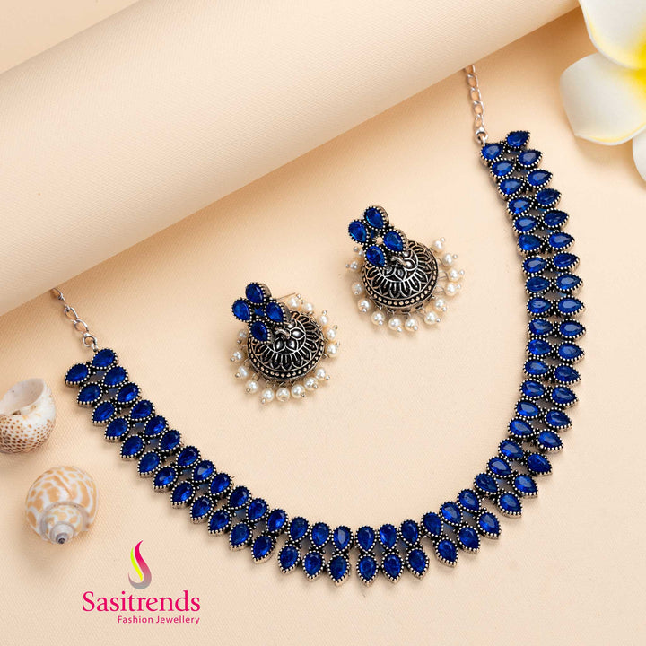 Cool blue oxidised necklace and pearl jhumkas stone jewellery set, a graceful choice for elegant celebrations – Sasitrends