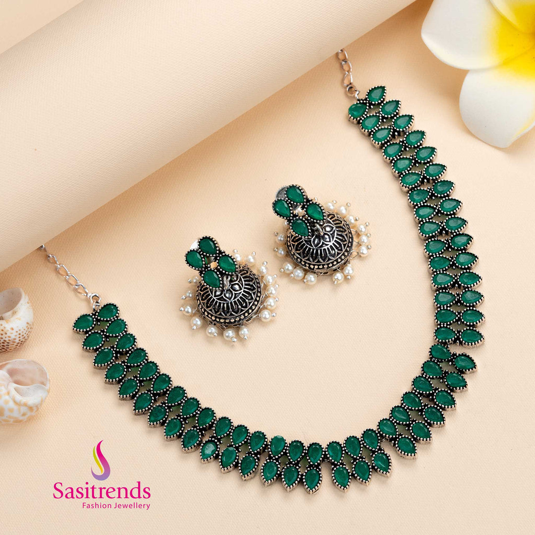 Latest Party Wear Oxidised Necklace with Pearl Jhumkas Stones Jewellery Set  Sasitrends