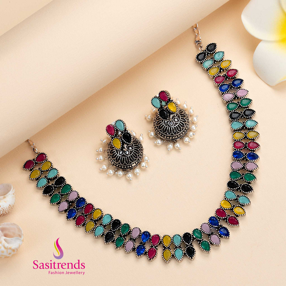 Latest Party Wear Oxidised Necklace with Pearl Jhumkas Stones Jewellery Set  Sasitrends