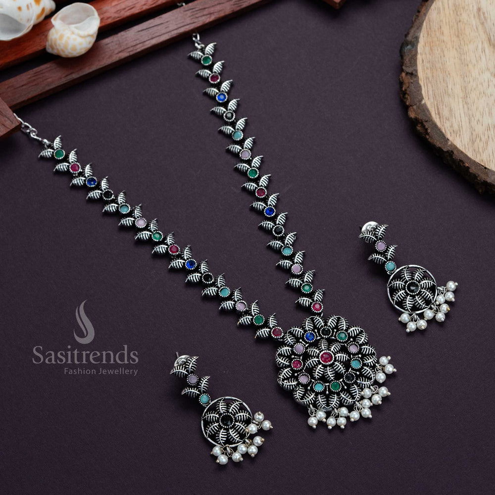 Vibrant multi-colour oxidised silver necklace with flower-leaf design, pearl stones and matching earrings – colourful ethnic jewellery set for saree styling – Sasitrends