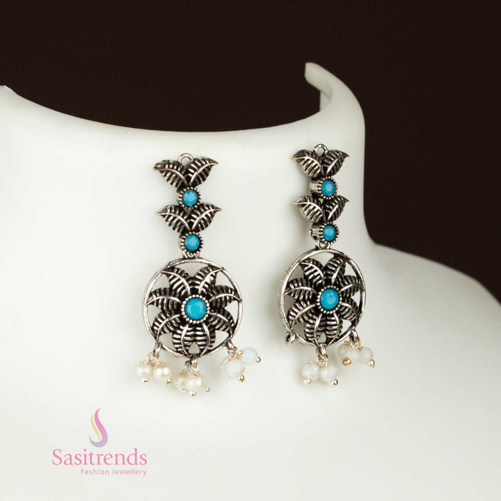 Oxidised silver Earrings with flower-leaf pendant and pearl earrings, a tribal chic jewellery design enhanced with stone highlights – Sasitrends