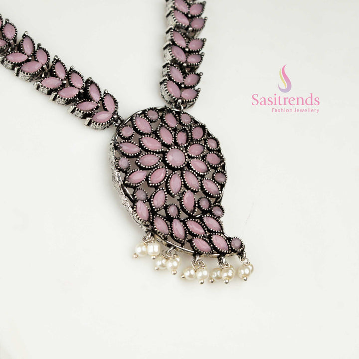 Bohemian baby-pink oxidised German silver necklace featuring mango motif and pearl drops, a charming fusion traditional jewellery design – Sasitrends