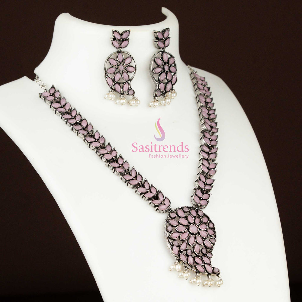 Oxidised German silver necklace with a mango pendant and pearl accents, a radiant ethnic boho jewellery set ideal for cultural elegance – Sasitrends