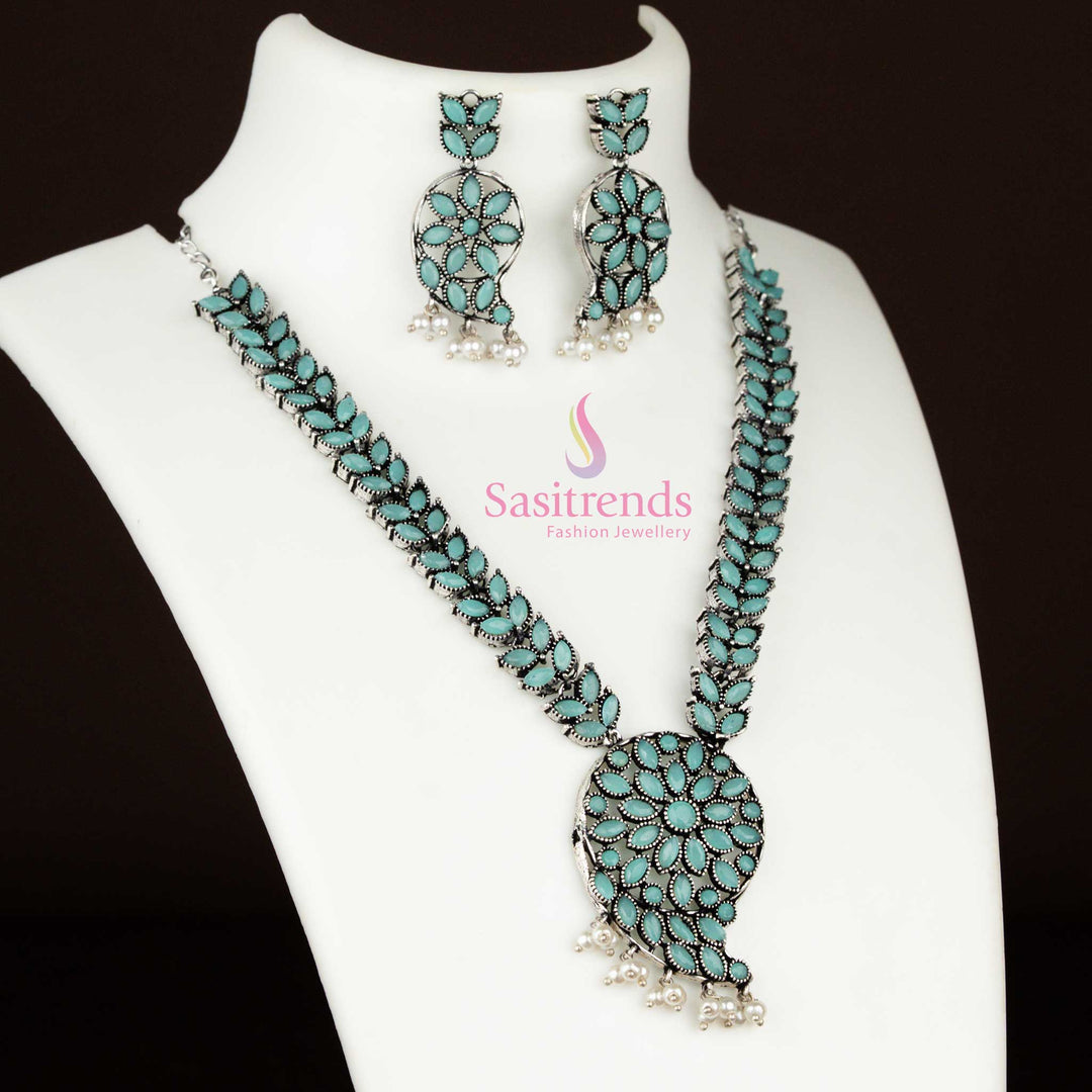 Refreshing mint oxidised German silver necklace with mango design and pearl hangings, an artistic blend of tribal and vintage fashion jewellery – Sasitrends