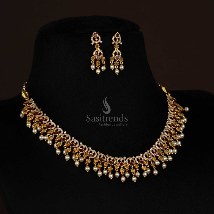 Luxury Trendy Floral AD Necklace In Matte Gold Finish For Party And Traditional Wear, Perfect For Enhancing Ethnic Looks – Sasitrends