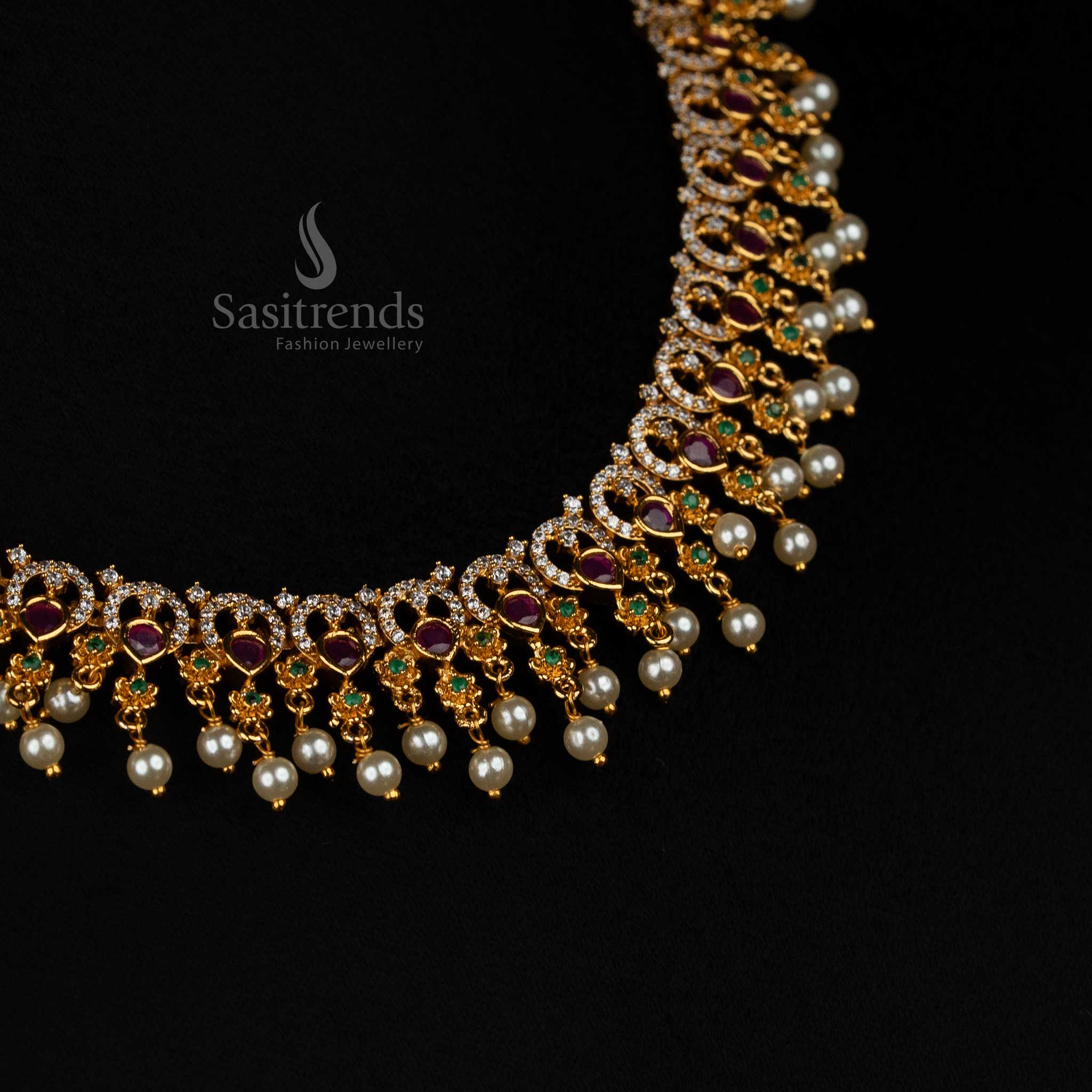 Premium Matte Gold Plated Designer Floral AD Necklace Jewellery For Women, A Festive Accessory That Adds Grace And Elegance – Sasitrends