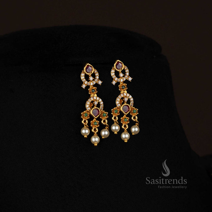 Charming Traditional Matte Gold Plated AD Earrings Featuring Floral Motifs, Designed For Women’s Festive And Cultural Events – Sasitrends