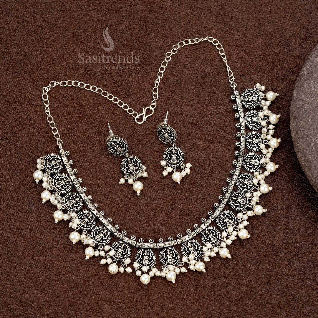 Oxidised Lakshmi coin necklace with pearls for festive wear - Sasitrends