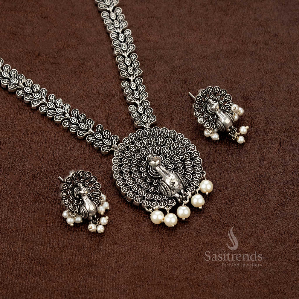 Antique Finish Oxidised Pearl Necklace with Peacock Motif for festive wear - Sasitrends