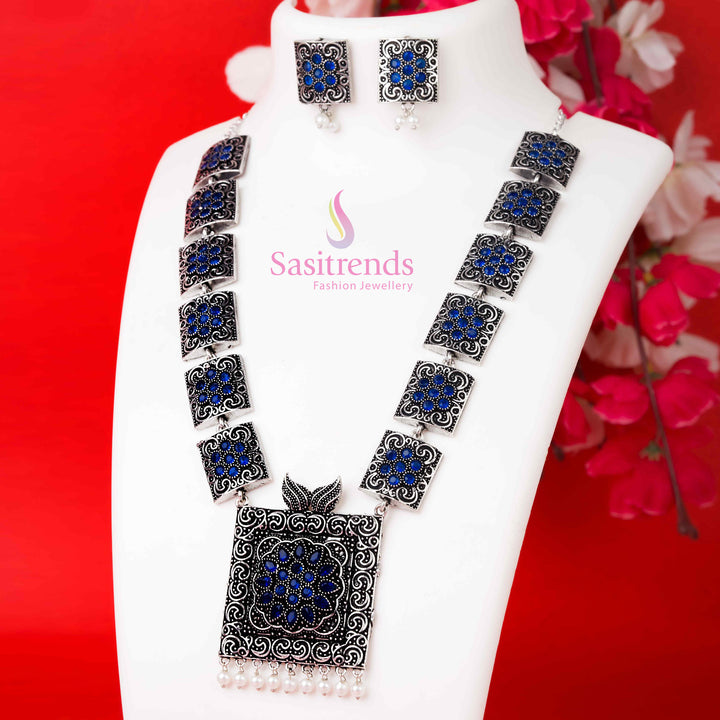 Oxidised blue pearl stones jewellery set with jhumka earrings, vibrant in style and made for celebration wear – Sasitrends