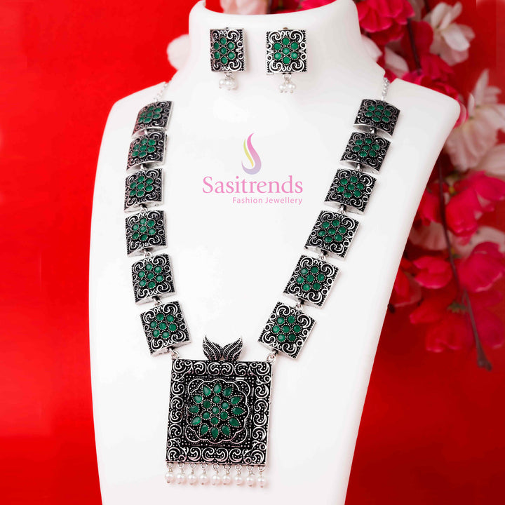Oxidised silver green pearl necklace and jhumka earrings set with sparkling stones, a festive fusion jewellery pick for traditional celebrations – Sasitrends
