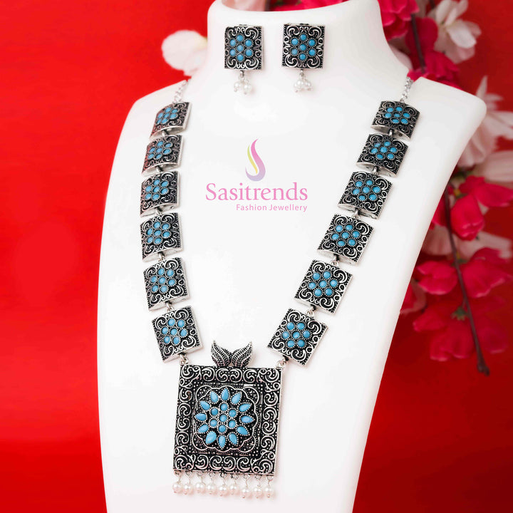 Oxidised sky-blue pearl stone jewellery set with necklace and jhumkas, a festive and lightweight statement piece ideal for vibrant wear – Sasitrends

