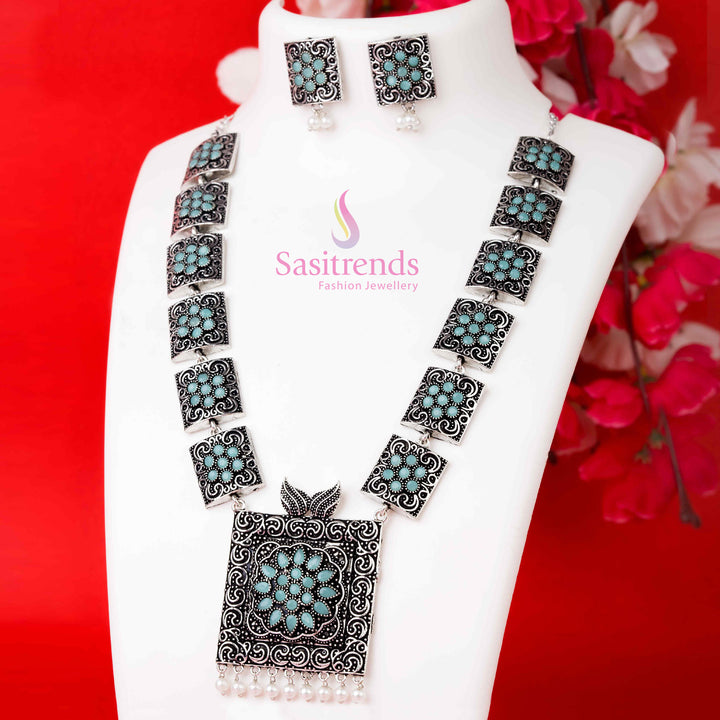 Refreshing mint oxidised pearl stone jewellery set with matching necklace and earrings exuding subtle elegance for party and ethnic wear – Sasitrends