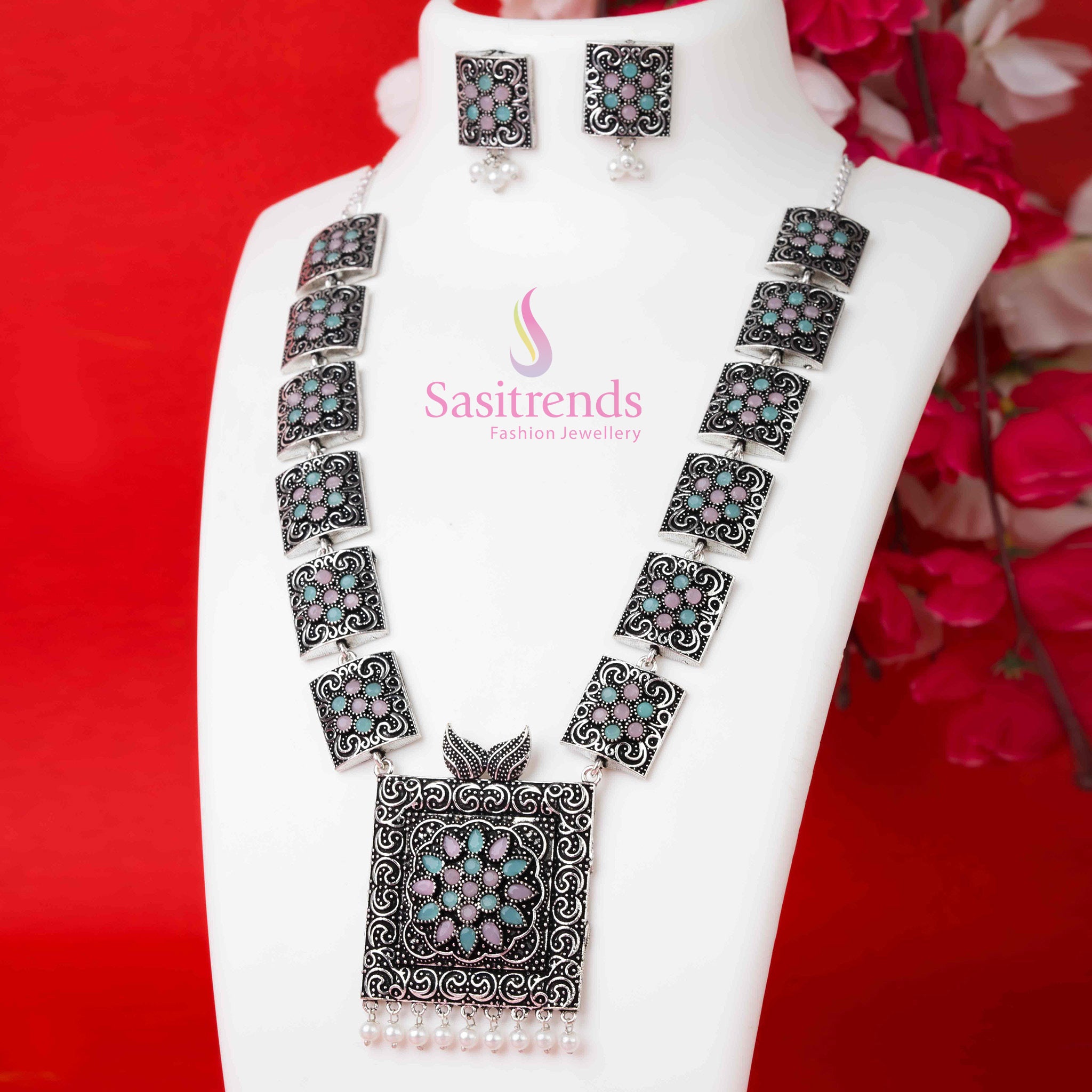 Dual-shade oxidised mint-pink pearl stone jewellery set with necklace and earrings offering elegant fusion wear for parties – Sasitrends