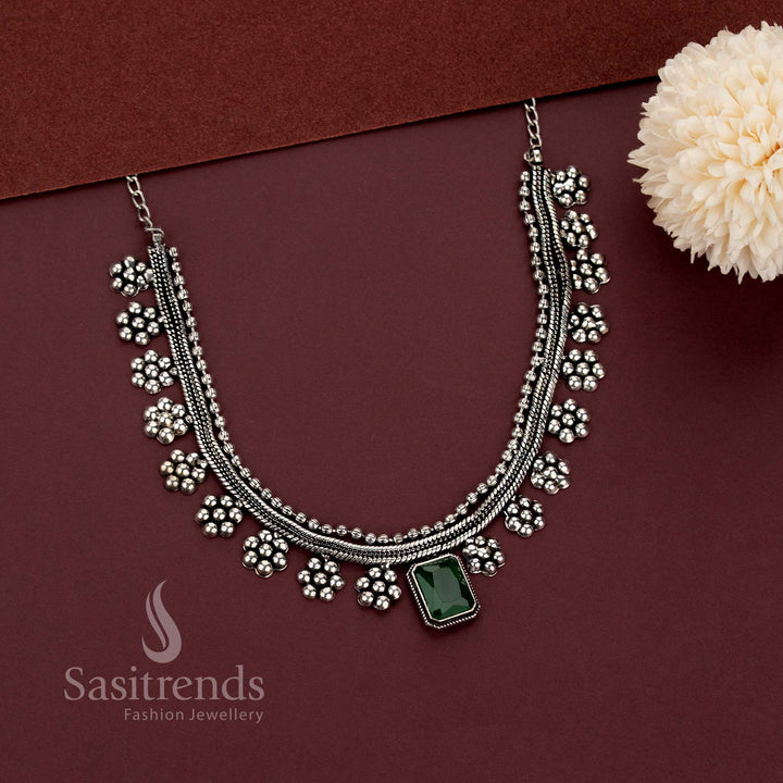 Oxidised Silver Stone Pendant Necklace for Indo-Western Wear - Sasitrends