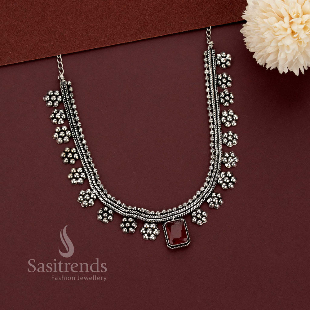 Oxidised Silver Stone Pendant Necklace for Indo-Western Wear - Sasitrends