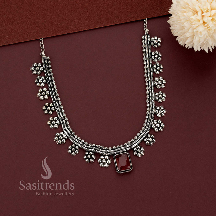 Oxidised Silver Stone Pendant Necklace for Indo-Western Wear - Sasitrends