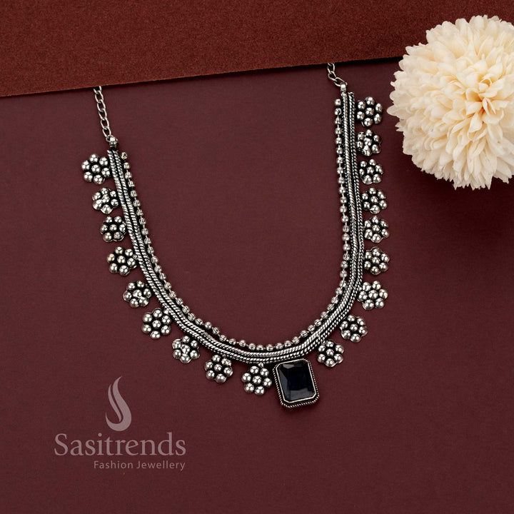 Oxidised Silver Stone Pendant Necklace for Indo-Western Wear - Sasitrends