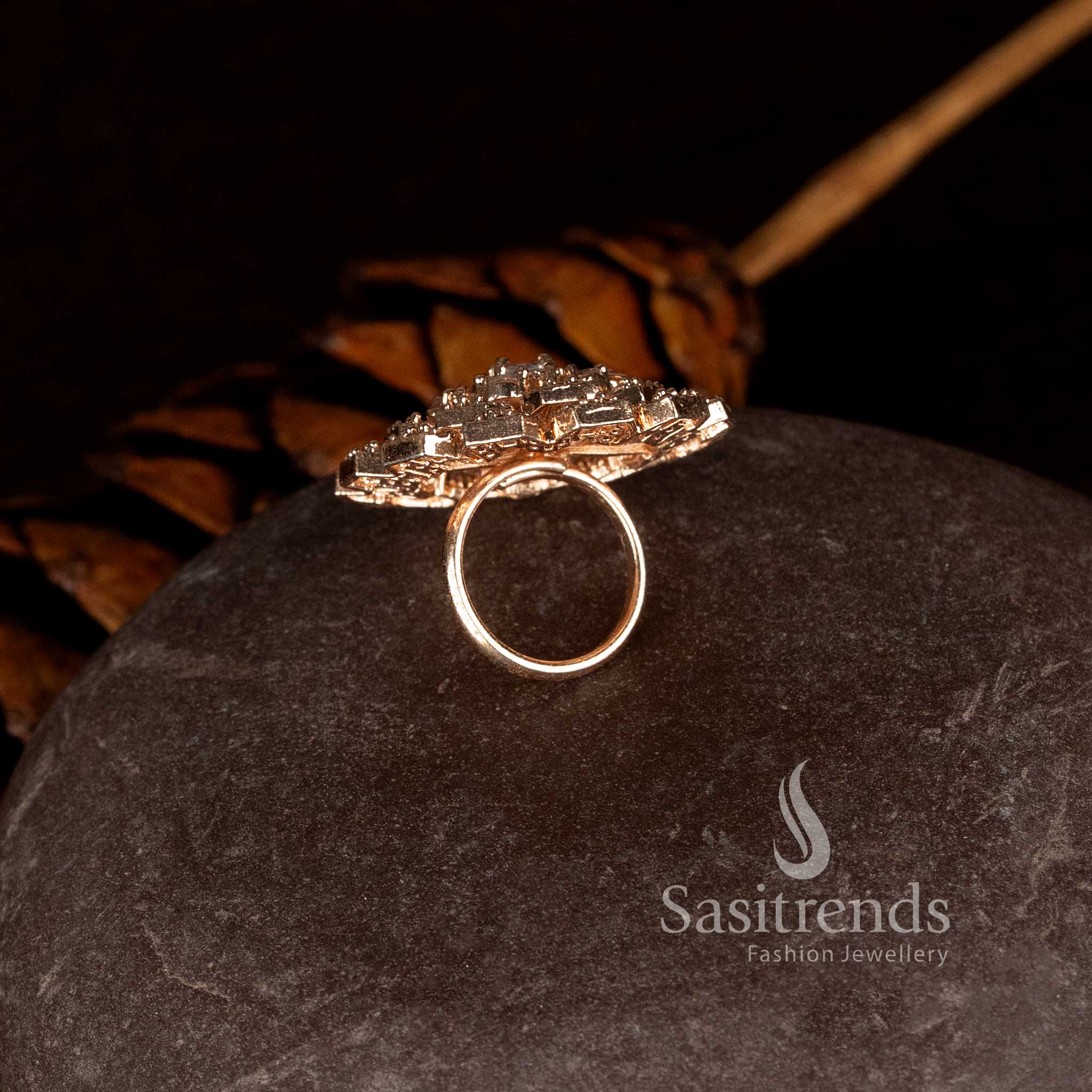 Rose gold plated floral designer ring with brilliant diamond stone detailing - Sasitrends
