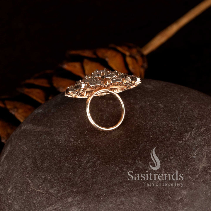 Rose gold plated floral designer ring with brilliant diamond stone detailing - Sasitrends