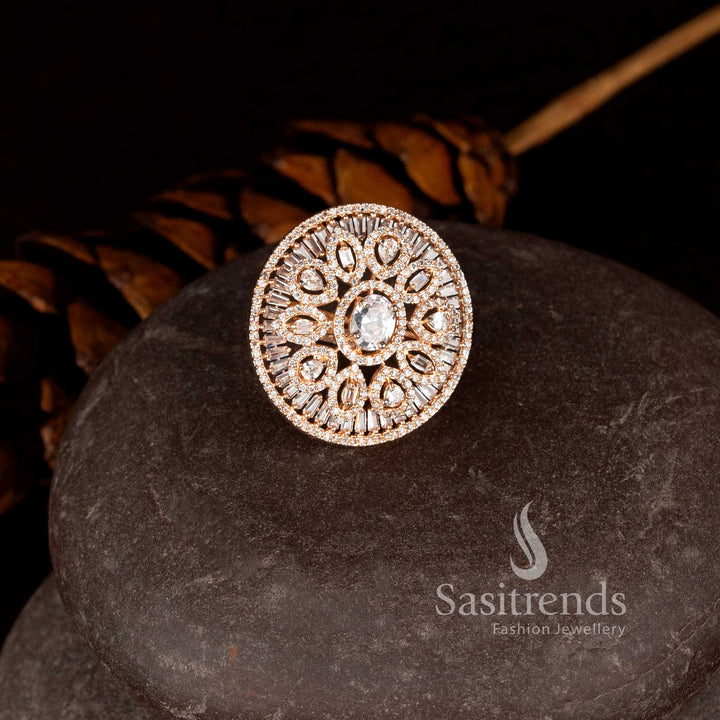 Beautiful rose gold floral statement ring with sparkling diamond petals - Sasitrends