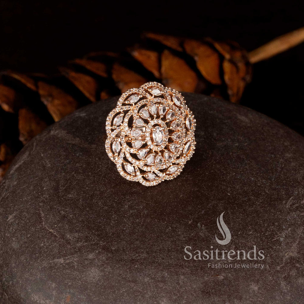 Beautiful rose gold floral statement ring with sparkling diamond petals - Sasitrends