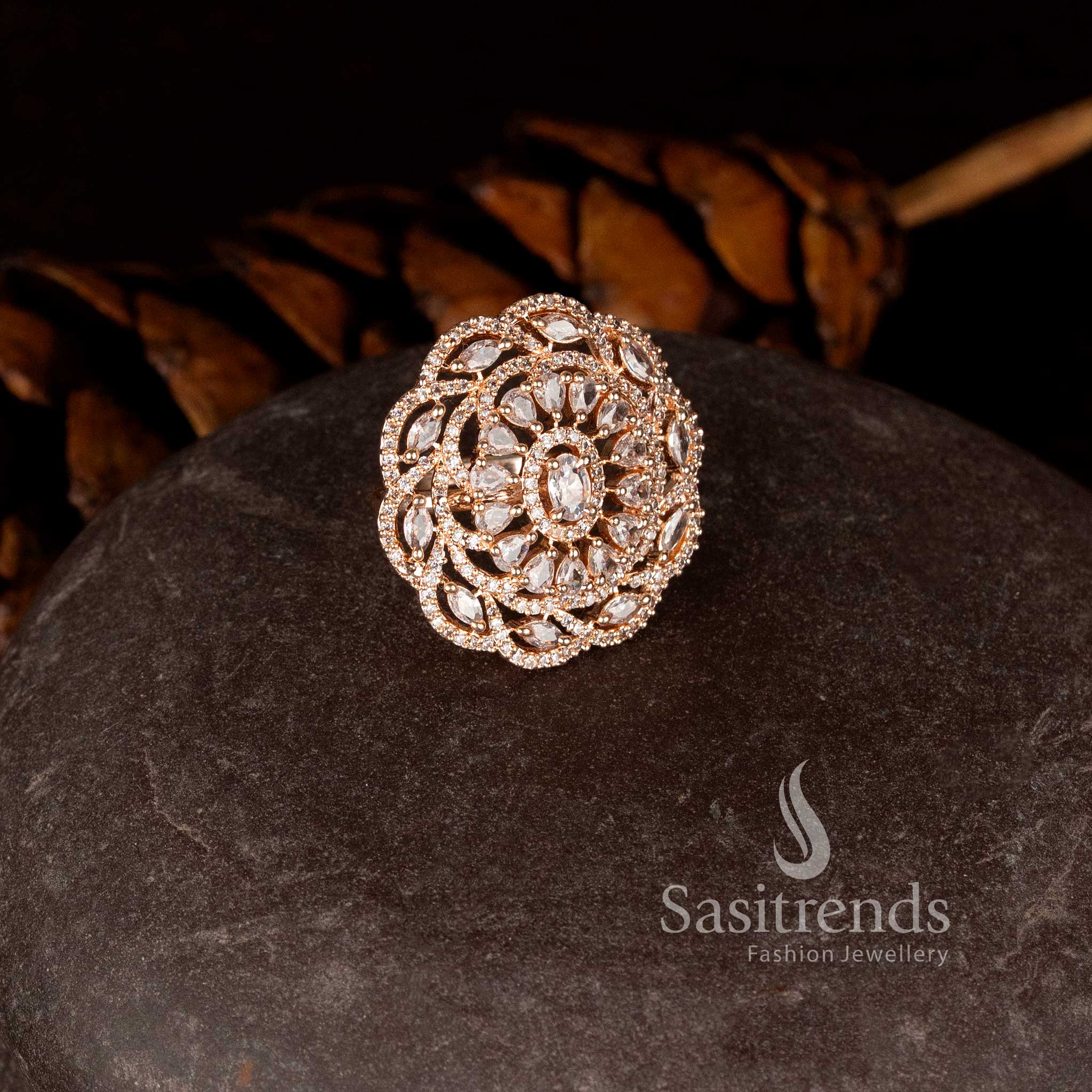 Beautiful rose gold floral statement ring with sparkling diamond petals - Sasitrends