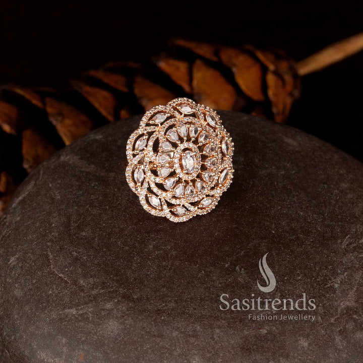 Beautiful rose gold floral statement ring with sparkling diamond petals - Sasitrends