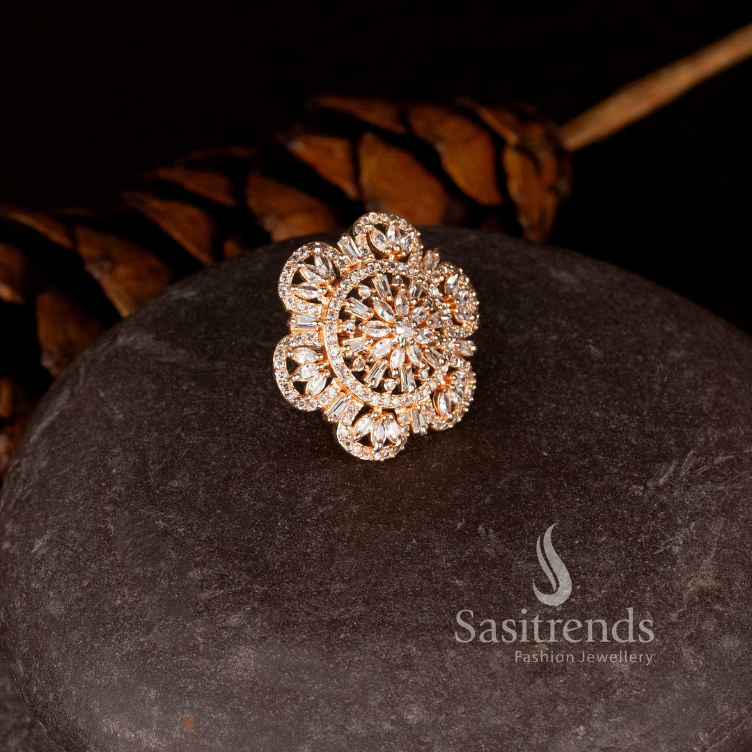 Beautiful rose gold floral statement ring with sparkling diamond petals - Sasitrends