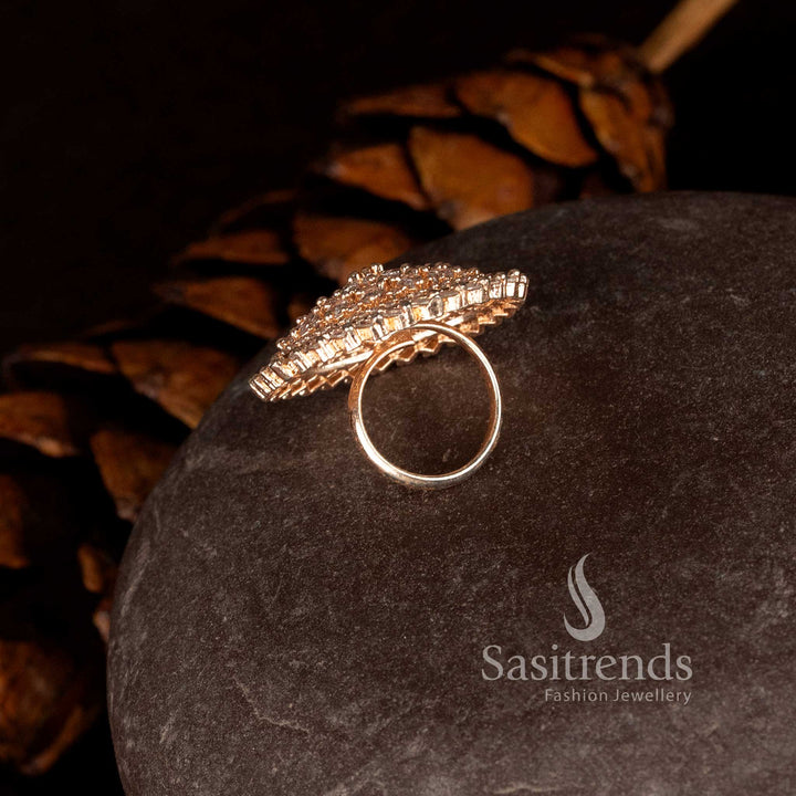 Rose gold plated floral designer ring with brilliant diamond stone detailing - Sasitrends