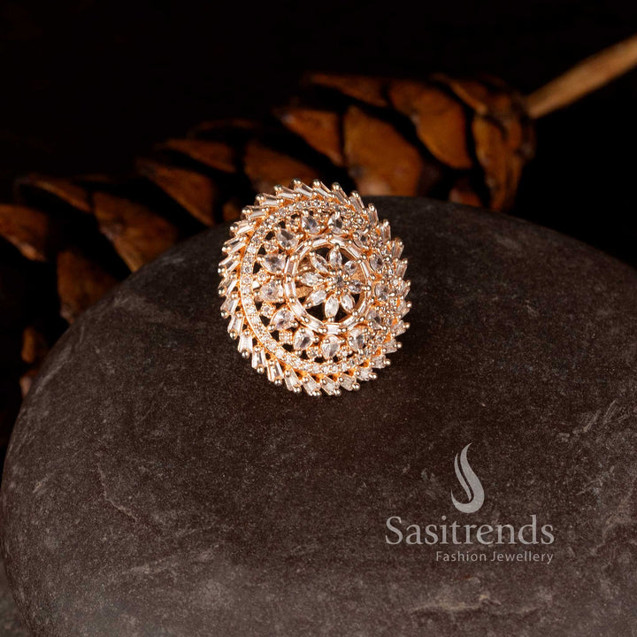 Beautiful rose gold floral statement ring with sparkling diamond petals - Sasitrends