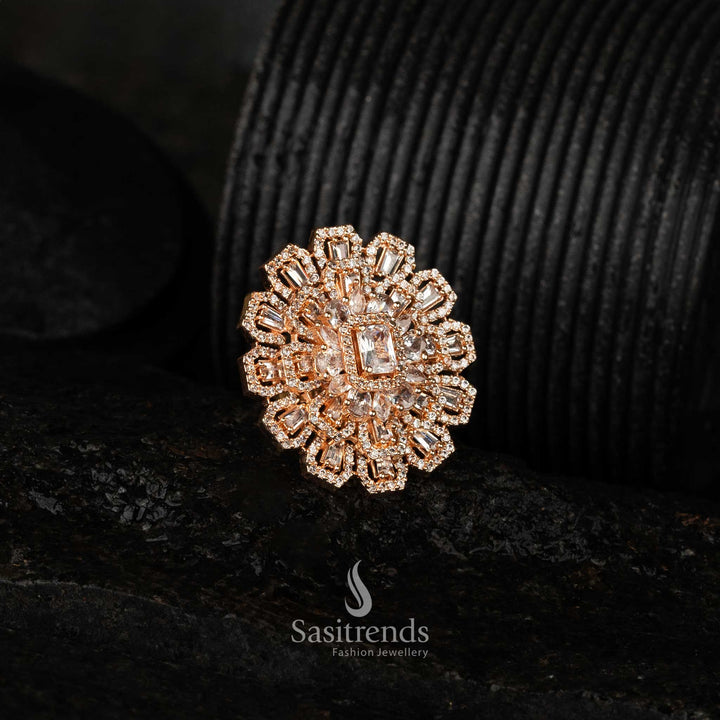 American Diamond floral designer rose gold plated statement ring with layered petal design - Sasitrends