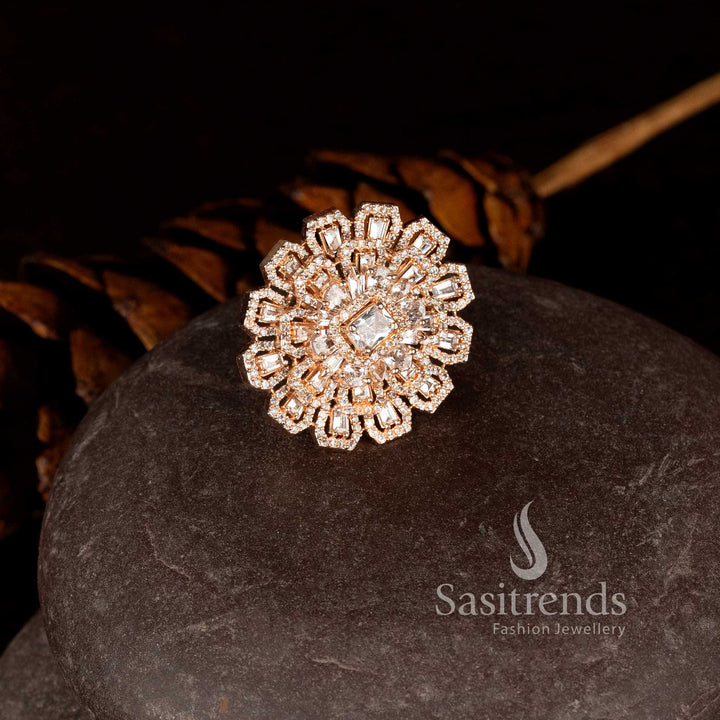 Stunning American Diamond floral designer rose gold plated blossom ring for party and special occasions - Sasitrends