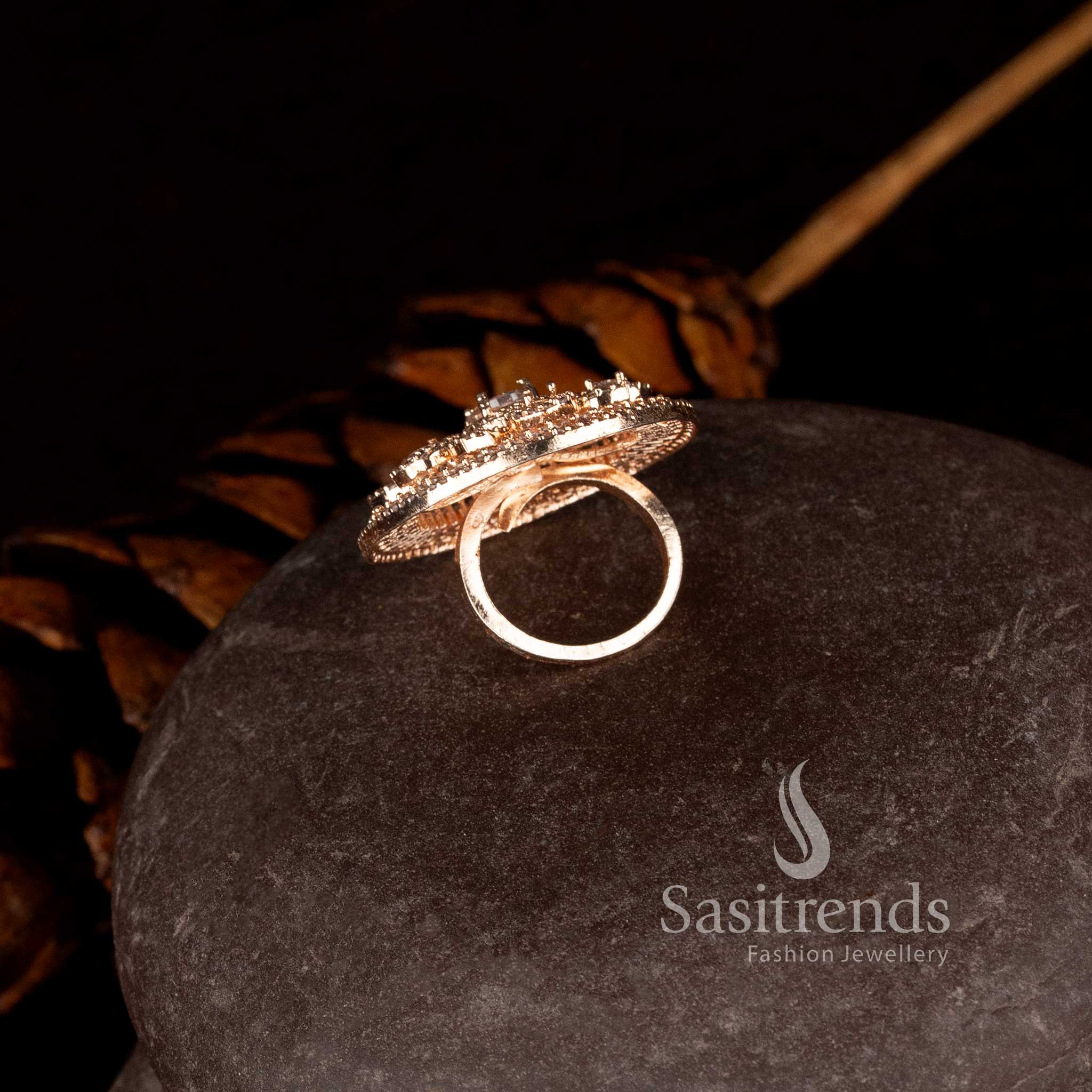 Rose gold plated floral designer ring with brilliant diamond stone detailing - Sasitrends