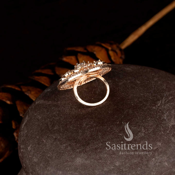 Rose gold plated floral designer ring with brilliant diamond stone detailing - Sasitrends