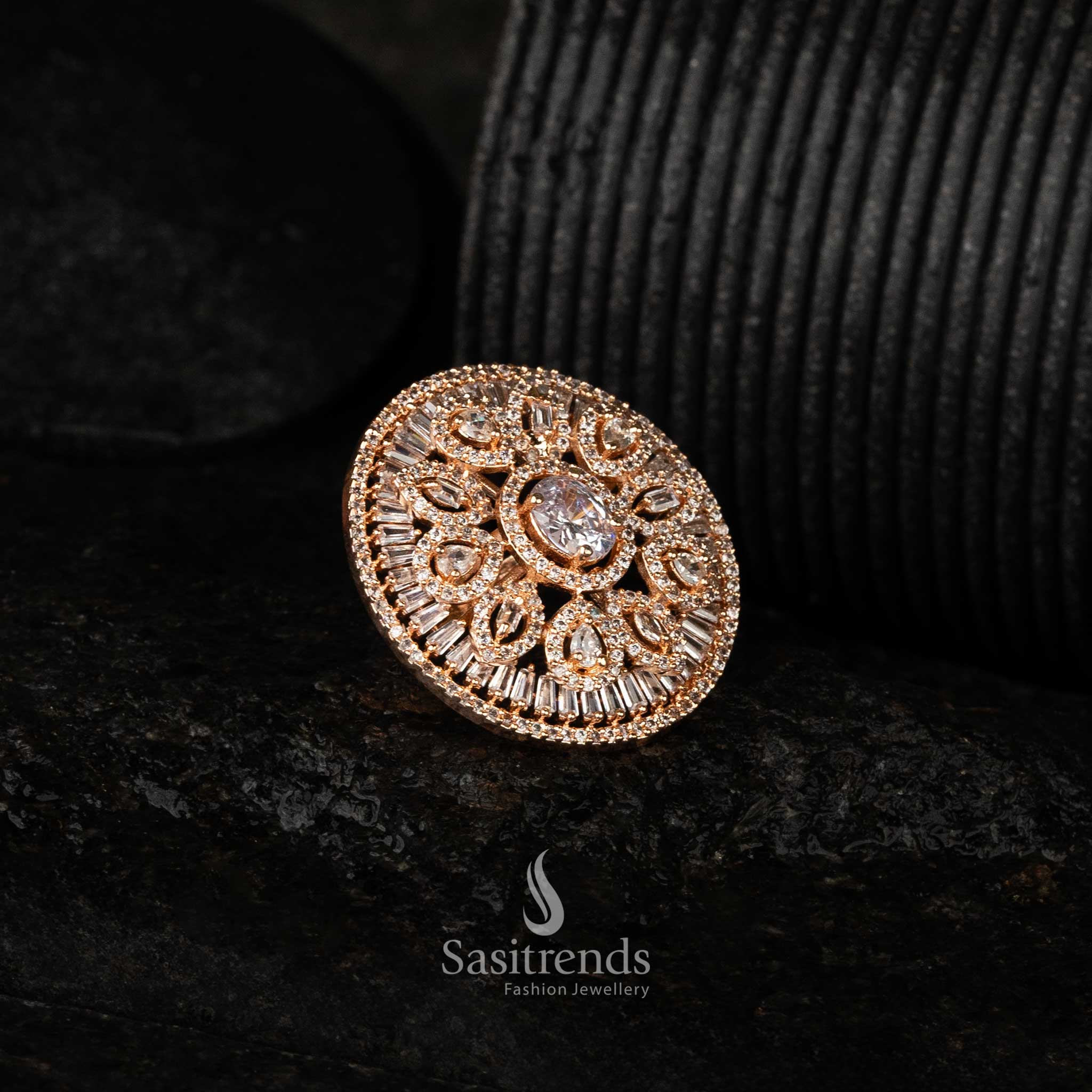 Elegant floral statement ring featuring sparkling diamond stones with rose gold plated finish - Sasitrends