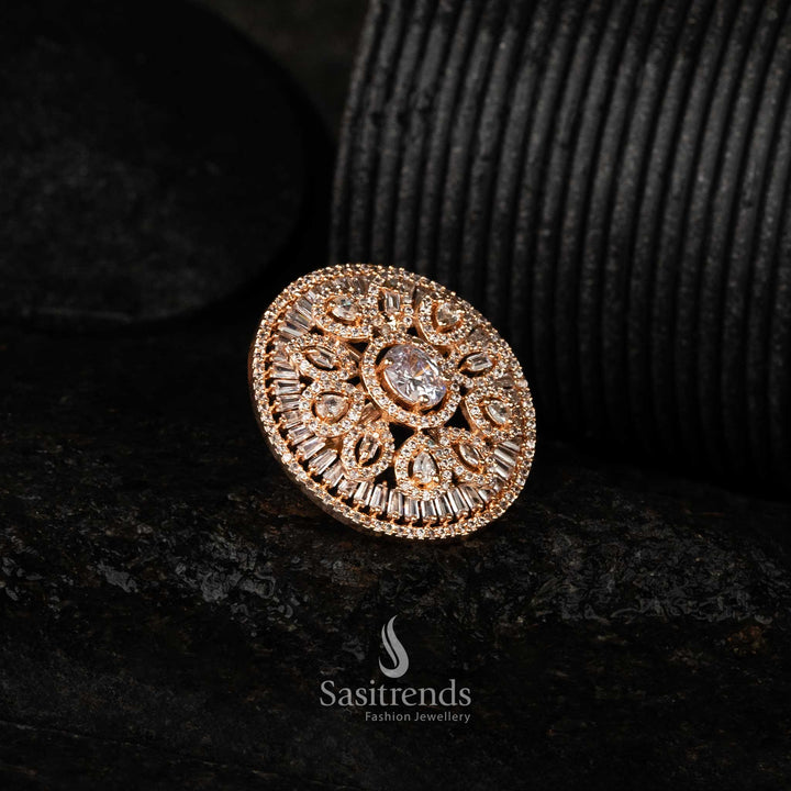 Elegant floral statement ring featuring sparkling diamond stones with rose gold plated finish - Sasitrends